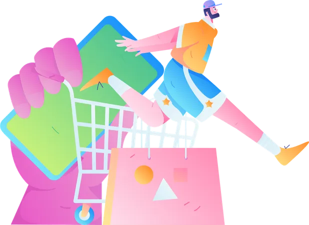 Boy shopping via mobile  Illustration