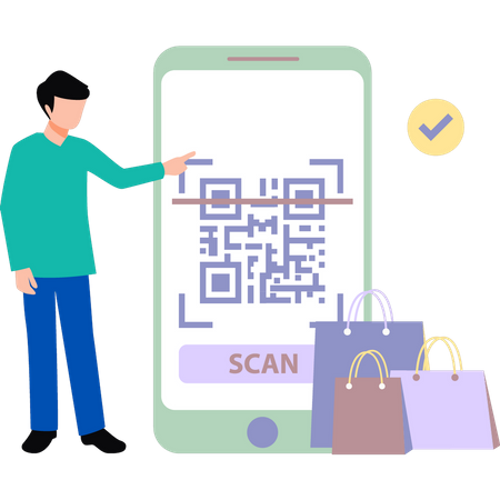 Boy shopping with QR code  Illustration