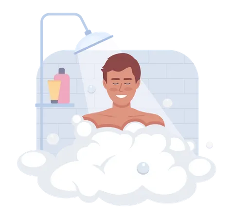 Shower In Morning 2 D Vector Isolated Illustration Pleased Man Enjoying Warm Water With Soap Foam Flat Character On Cartoon Background Colorful Editable Scene For Mobile Website Presentation Illustration
