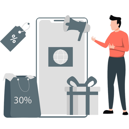 Boy showing 30% off sale offer  Illustration