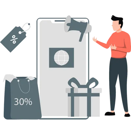 Boy showing 30% off sale offer  Illustration