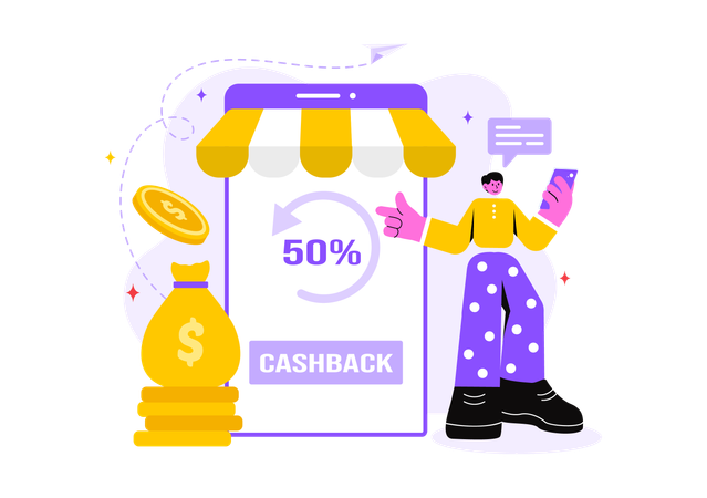 Boy showing 50 percentage cashback  Illustration