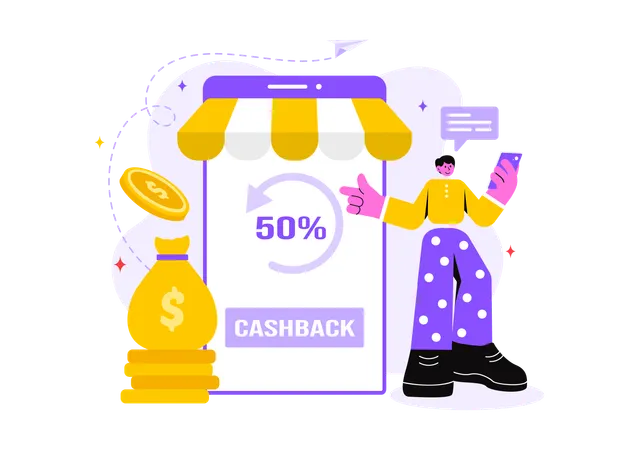 Boy showing 50 percentage cashback  Illustration
