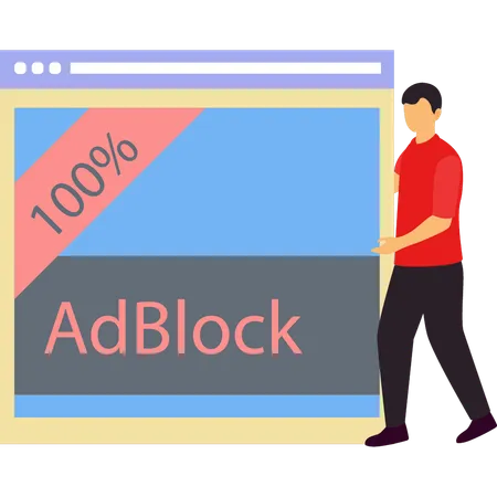 Boy showing ad block on web page.  Illustration