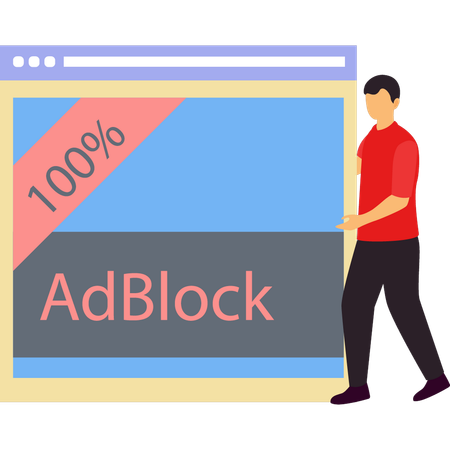 Boy showing ad block on web page.  Illustration