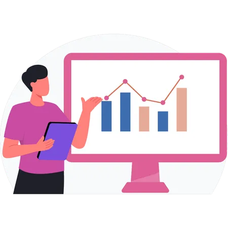 Boy showing analysis graph on monitor  Illustration