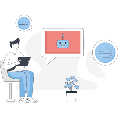 人工チャットボットを見せる少年  イラスト