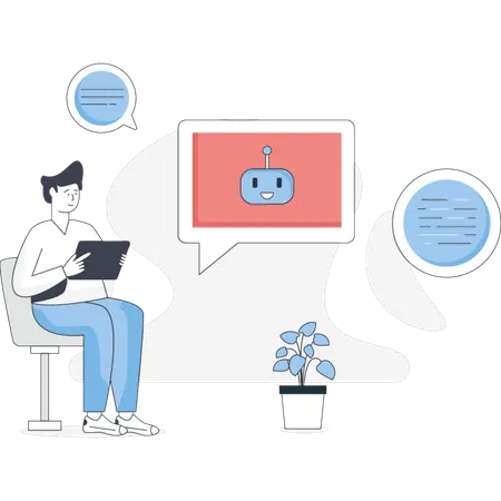 人工チャットボットを見せる少年  イラスト
