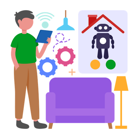 Boy showing Automate Home with Smart Devices  Illustration