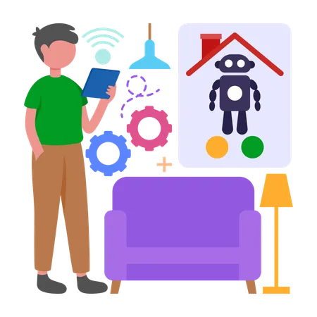 Boy showing Automate Home with Smart Devices  Illustration