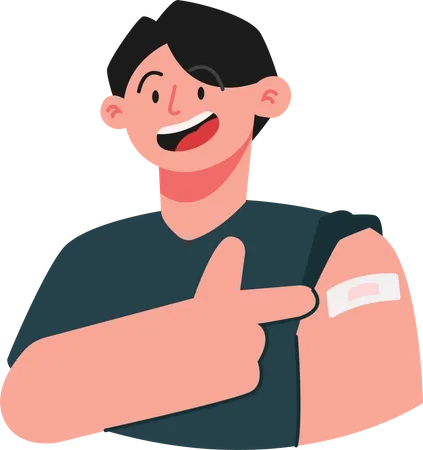 Boy showing bandage on arm after vaccination  イラスト