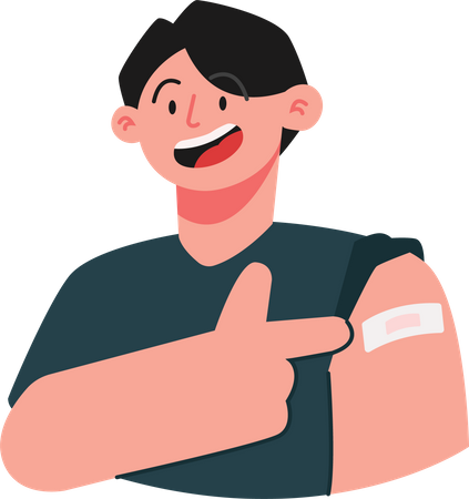 Boy showing bandage on arm after vaccination  Illustration