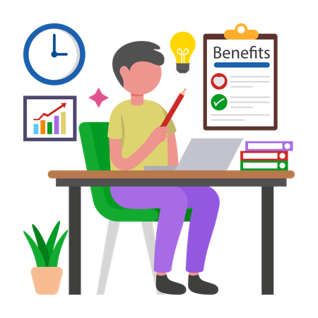 Boy showing Benefits Review Analysis  Illustration