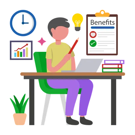 Boy showing Benefits Review Analysis  Illustration