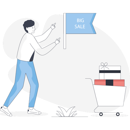 Boy  showing big sale flag  Illustration