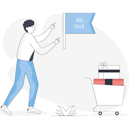 Boy  showing big sale flag  Illustration