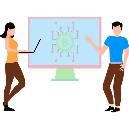 Boy showing bitcoin network  Illustration