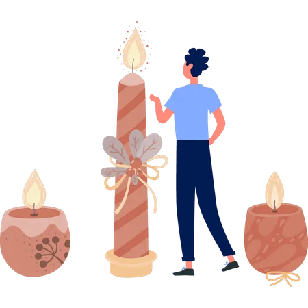 Boy showing brown colour candle  Illustration