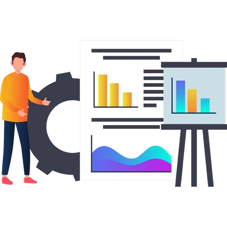 Boy showing business bar graph on paper  Illustration