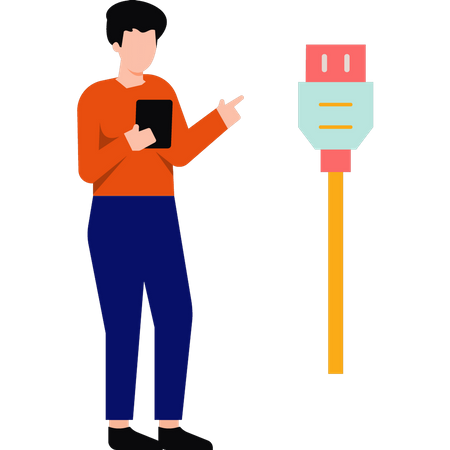 Boy showing charging cord Illustration