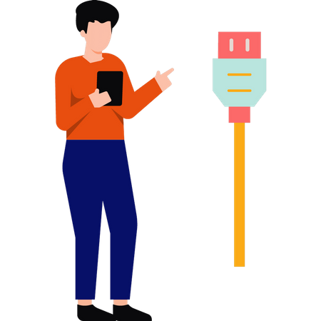 Boy showing charging cord  Illustration