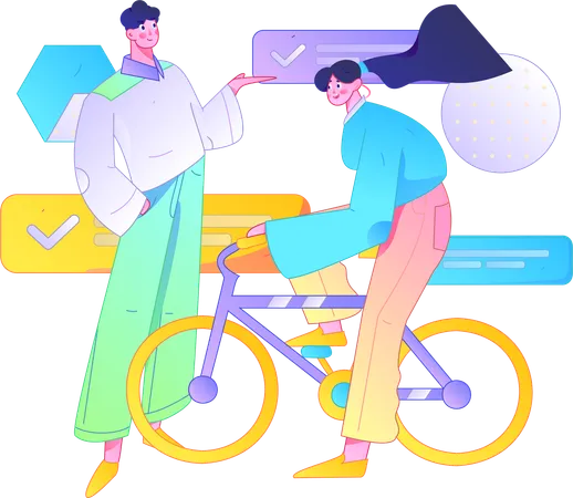 女の子が自転車に乗っている間におしゃべりをする男の子  イラスト