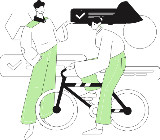 Boy showing chatting while girl riding cycle  Illustration
