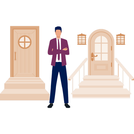 Boy showing complex apartment door  Illustration