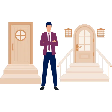 Boy showing complex apartment door  Illustration