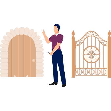 Boy showing door exterior  Illustration