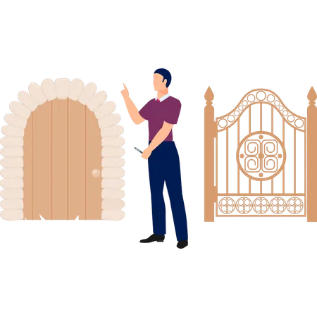 Boy showing door exterior  Illustration