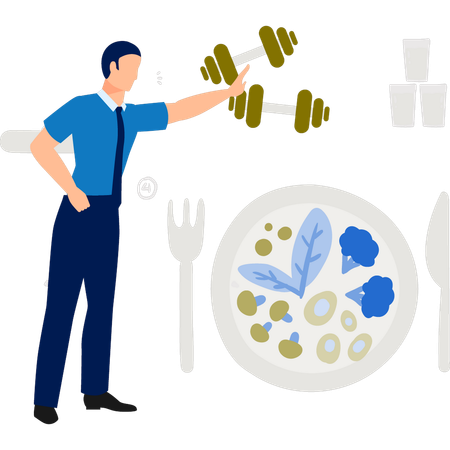 健康的な食べ物と一緒にエクササイズ用のダンベルを見せる少年  イラスト