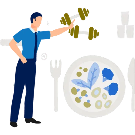 健康的な食べ物と一緒にエクササイズ用のダンベルを見せる少年  イラスト