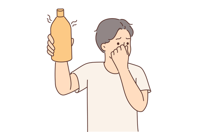 Boy showing expired beverage bottle  Illustration