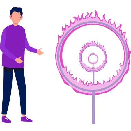 Boy showing fire hoop rings  Illustration