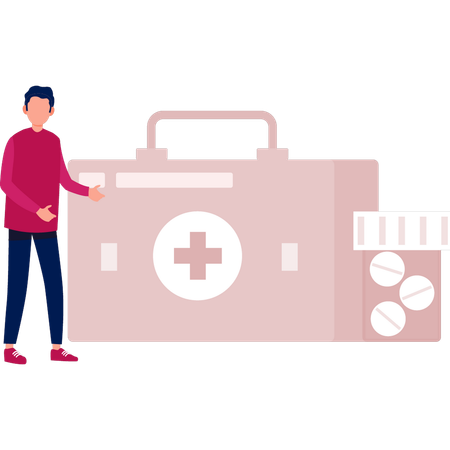 Boy  showing first aid box  Illustration