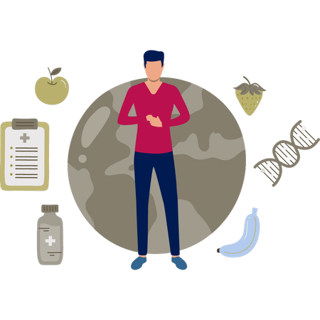 Boy showing global diet plan  Illustration