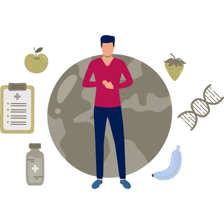 Boy showing global diet plan  Illustration