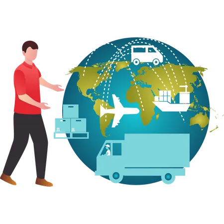 Boy showing global transportation  Illustration
