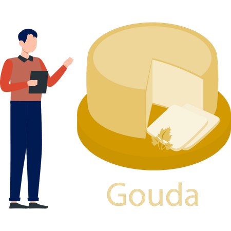 Boy showing gouda yellow cheese  Illustration