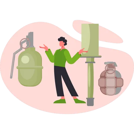 Boy showing green classic hand grenade  Illustration