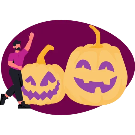 ハロウィーンのカボチャを見せる男の子  イラスト