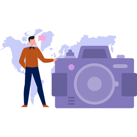 Boy showing high class camera model  Illustration