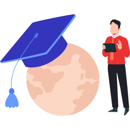 Boy showing his diploma online globally  イラスト