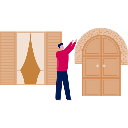 Boy showing house door  Illustration