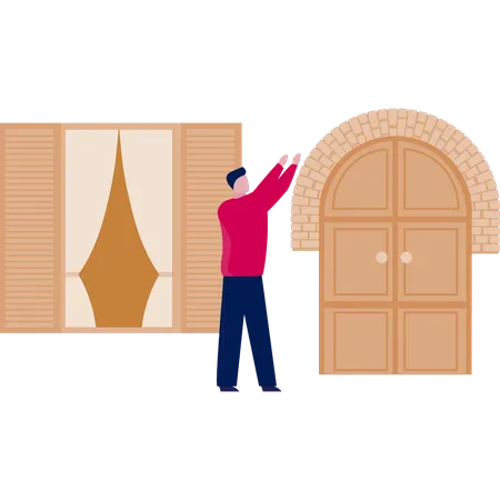 Boy showing house door  Illustration