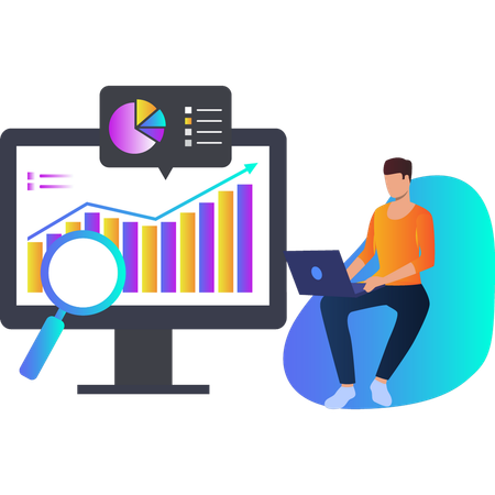 Boy showing increase in bar graph on monitor  Illustration