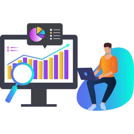 Boy showing increase in bar graph on monitor  Illustration