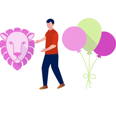 Boy showing lion face mask with balloons  Illustration