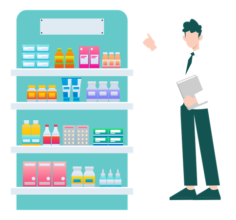 Boy Showing Medicines In Pharmacy  Illustration